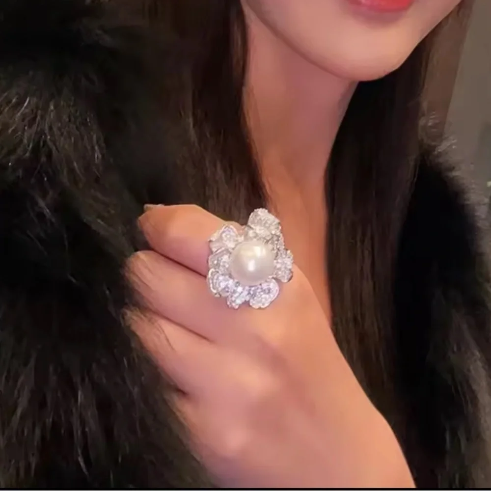 Luxe Pearl Blossom Ring | Statement Diamond Flower Design